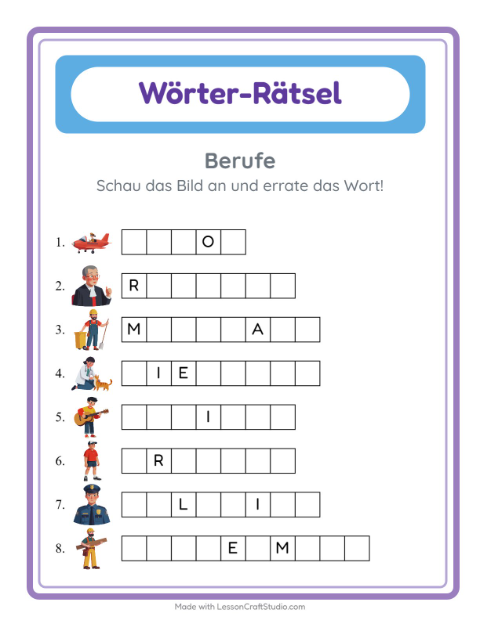 Vorschau: Wort raten-Arbeitsblatt mit Berufe für Kindergarten