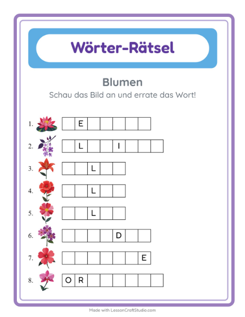 Vorschau: Wort raten-Arbeitsblatt mit Blumen für Kindergarten