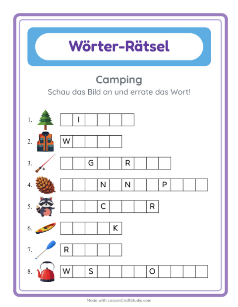 Vorschau: Wort raten-Arbeitsblatt mit Camping für Kindergarten