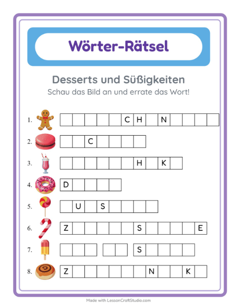 Wörter schreiben – Desserts und Süßigkeiten