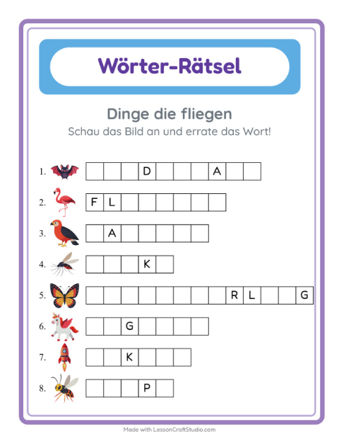 Wörter schreiben – Dinge die fliegen
