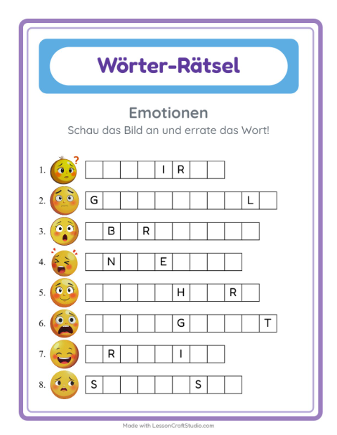 Vorschau: Wort raten-Arbeitsblatt mit Emotionen für Kindergarten