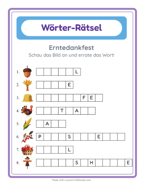 Vorschau: Wort raten-Arbeitsblatt mit Erntedankfest für Kindergarten