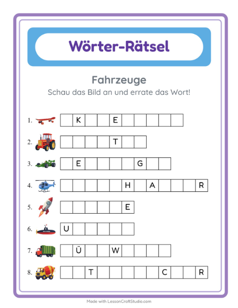 Vorschau: Wort raten-Arbeitsblatt mit Fahrzeuge für Kindergarten