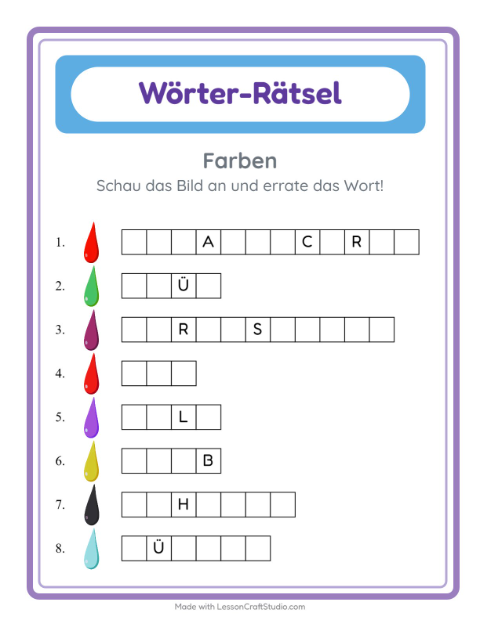 Vorschau: Wort raten-Arbeitsblatt mit Farben für Kindergarten