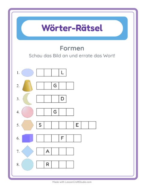 Vorschau: Wort raten-Arbeitsblatt mit Formen für Kindergarten