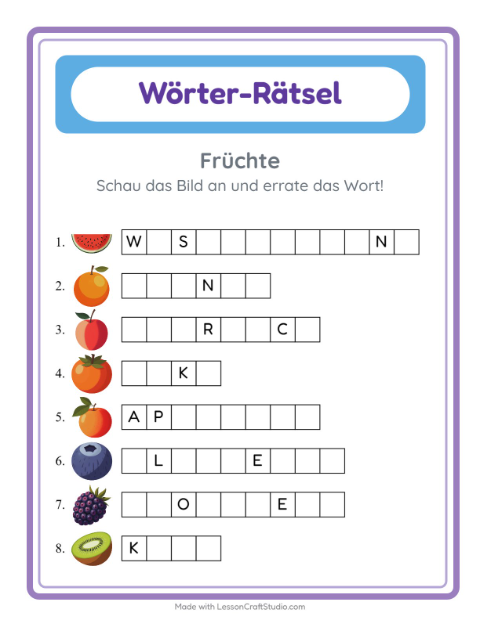 Vorschau: Wort raten-Arbeitsblatt mit Früchte für Kindergarten
