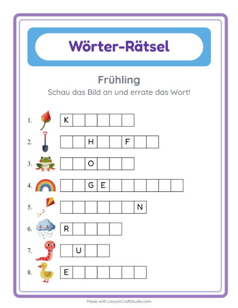 Vorschau: Wort raten-Arbeitsblatt mit Frühling für Kindergarten