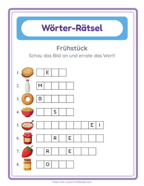Vorschau: Wort raten-Arbeitsblatt mit Frühstück für Kindergarten