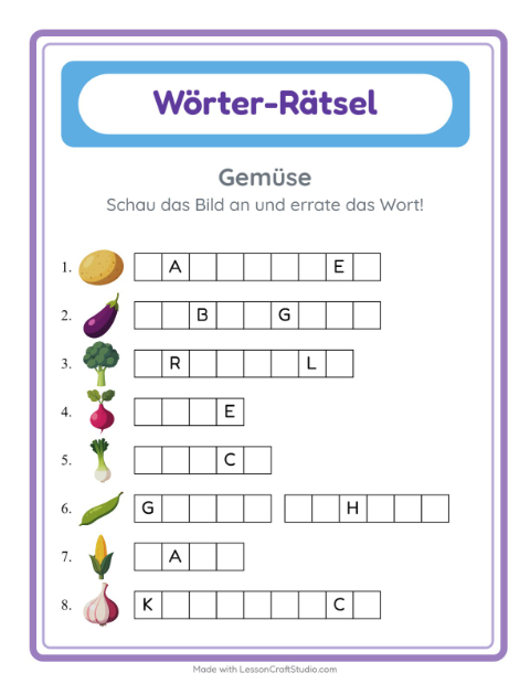 Vorschau: Wort raten-Arbeitsblatt mit Gemüse für Kindergarten