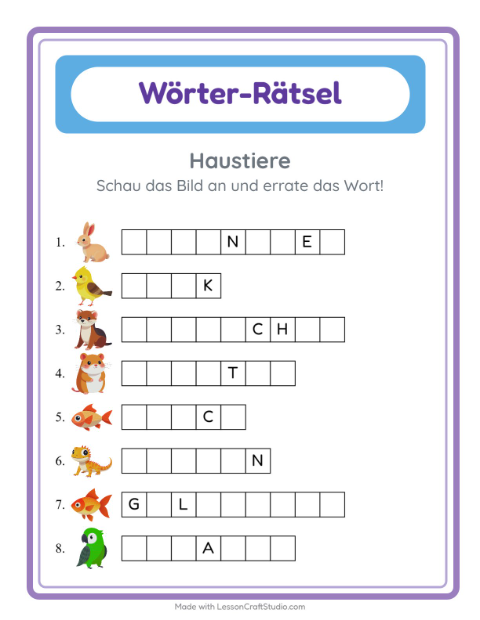 Vorschau: Wort raten-Arbeitsblatt mit Haustiere für Kindergarten