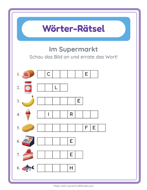Vorschau: Wort raten-Arbeitsblatt mit Im Supermarkt für Kindergarten