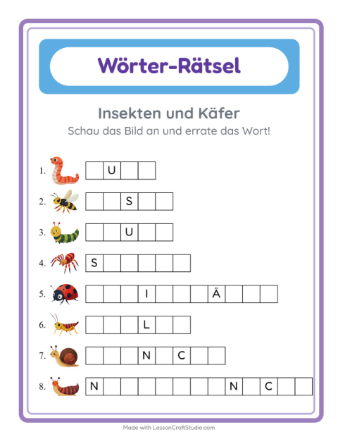 Vorschau: Wort raten-Arbeitsblatt mit Insekten und Käfer für Kindergarten