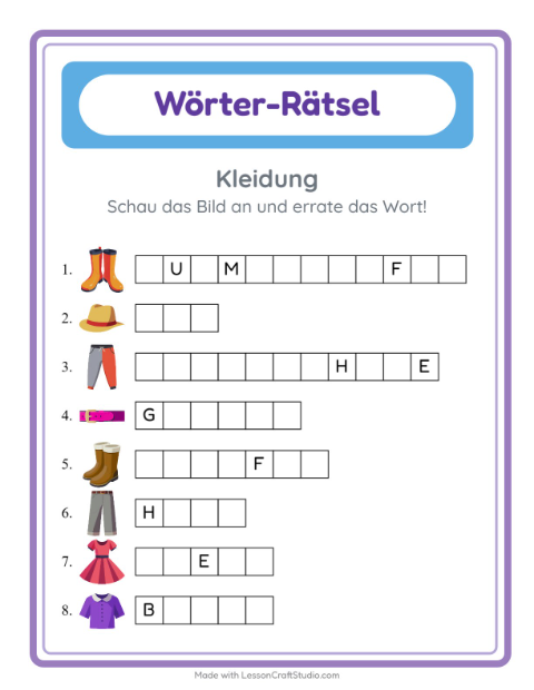 Vorschau: Wort raten-Arbeitsblatt mit Kleidung für Kindergarten