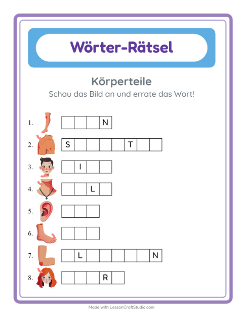 Vorschau: Wort raten-Arbeitsblatt mit Körperteile für Kindergarten