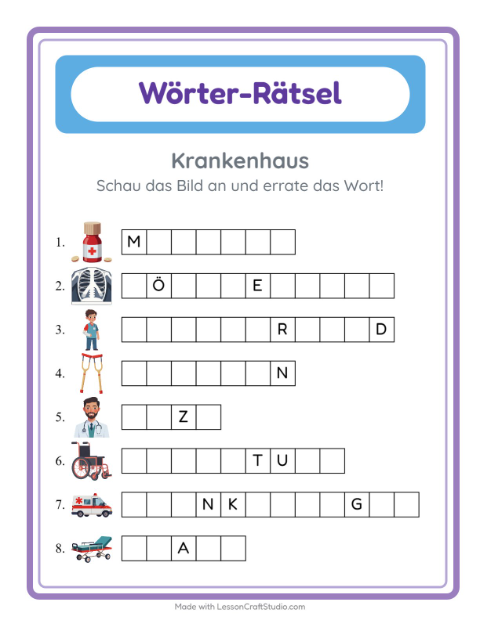 Vorschau: Wort raten-Arbeitsblatt mit Krankenhaus für Kindergarten