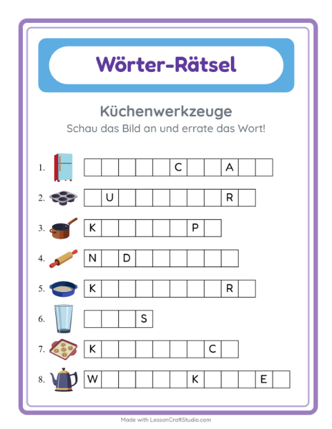 Vorschau: Wort raten-Arbeitsblatt mit Küchenwerkzeuge für Kindergarten