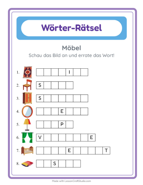 Vorschau: Wort raten-Arbeitsblatt mit Möbel für Kindergarten