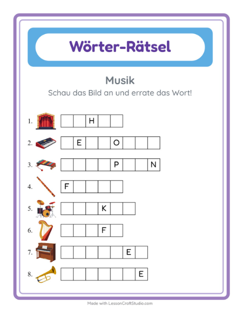 Vorschau: Wort raten-Arbeitsblatt mit Musik für Kindergarten