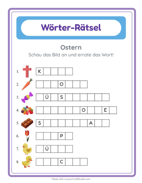 Vorschau: Wort raten-Arbeitsblatt mit Ostern für Kindergarten