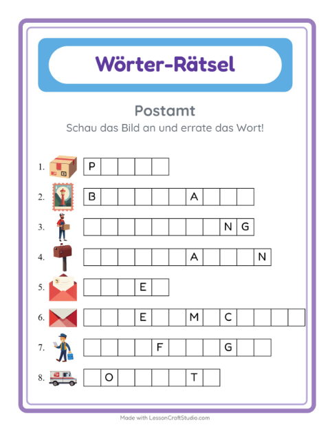 Vorschau: Wort raten-Arbeitsblatt mit Postamt für Kindergarten