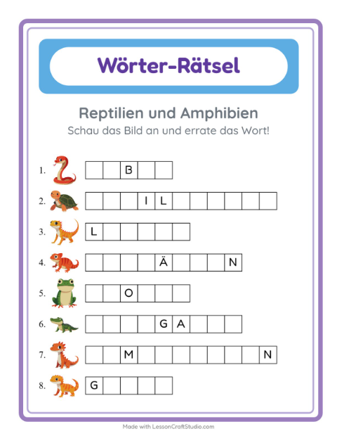 Wörter schreiben – Reptilien und Amphibien