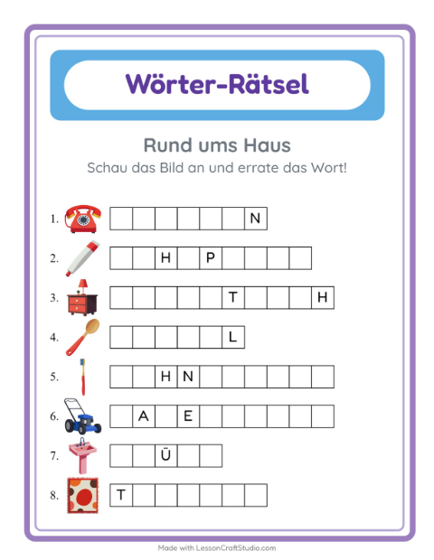Vorschau: Wort raten-Arbeitsblatt mit Rund ums Haus für Kindergarten