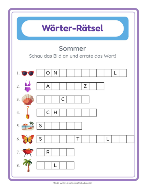 Vorschau: Wort raten-Arbeitsblatt mit Sommer für Kindergarten