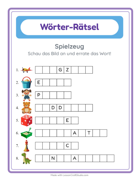 Vorschau: Wort raten-Arbeitsblatt mit Spielzeug für Kindergarten