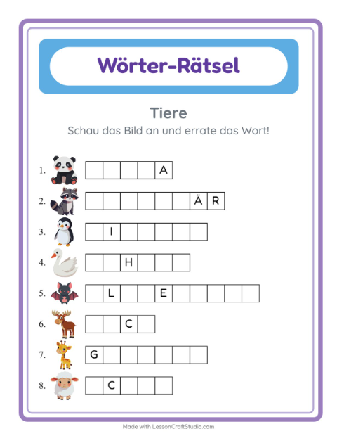 Vorschau: Wort raten-Arbeitsblatt mit Tiere für Kindergarten