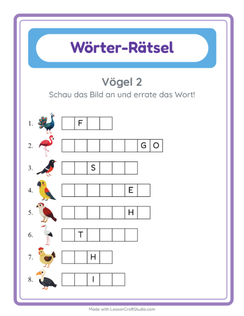 Vorschau: Wort raten-Arbeitsblatt mit Vögel 2 für Kindergarten
