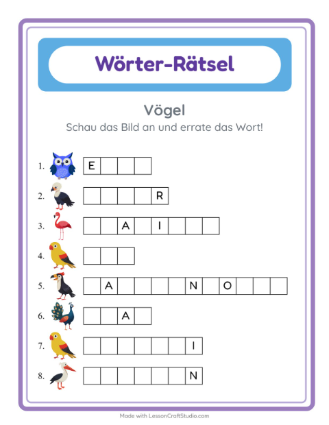 Vorschau: Wort raten-Arbeitsblatt mit Vögel für Kindergarten