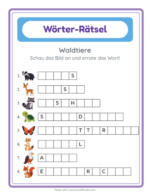 Vorschau: Wort raten-Arbeitsblatt mit Waldtiere für Kindergarten