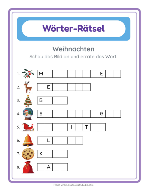 Vorschau: Wort raten-Arbeitsblatt mit Weihnachten für Kindergarten