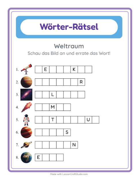 Vorschau: Wort raten-Arbeitsblatt mit Weltraum für Kindergarten