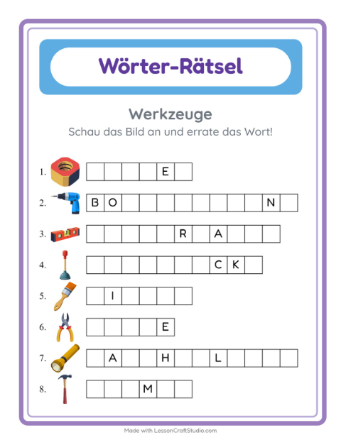 Vorschau: Wort raten-Arbeitsblatt mit Werkzeuge für Kindergarten