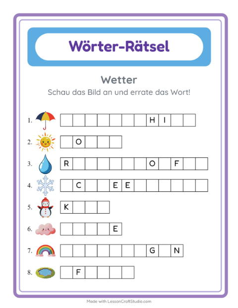 Vorschau: Wort raten-Arbeitsblatt mit Wetter für Kindergarten
