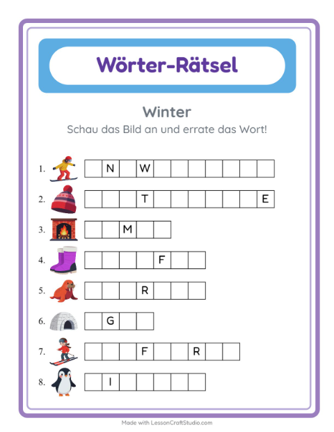 Vorschau: Wort raten-Arbeitsblatt mit Winter für Kindergarten