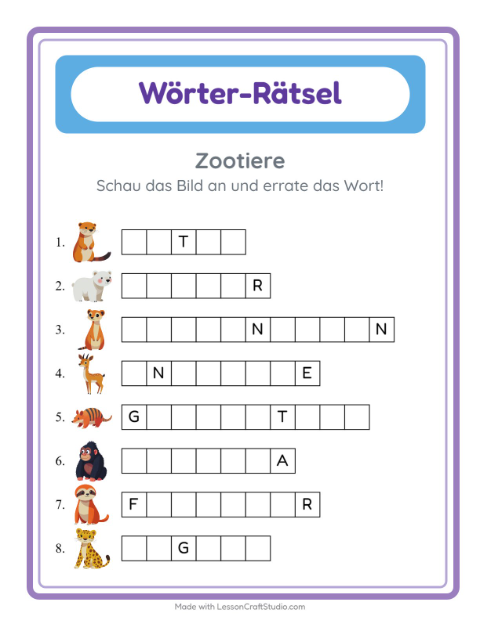 Vorschau: Wort raten-Arbeitsblatt mit Zootiere für Kindergarten