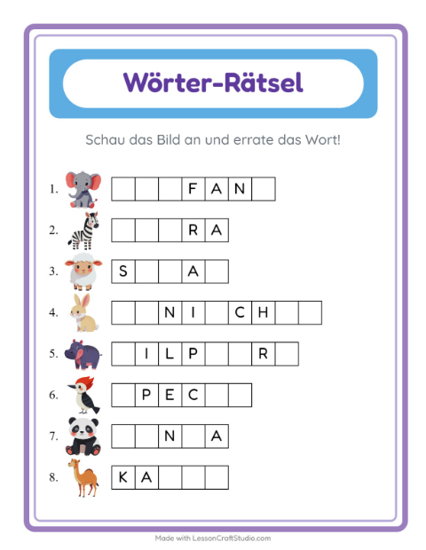 Vorschau: Wort raten-Arbeitsblatt mit Tiere für Kindergarten
