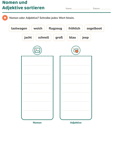 Vorschau: Wortarten-Arbeitsblatt mit Fahrzeuge für 1. Klasse