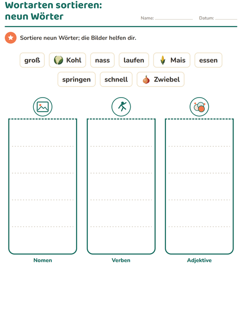 Vorschau: Wortarten-Arbeitsblatt mit Gemüse für 2. Klasse