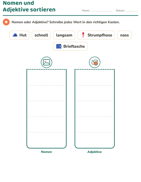 Vorschau: Wortarten-Arbeitsblatt mit Accessoires für 1. Klasse