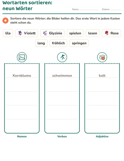 Vorschau: Wortarten-Arbeitsblatt mit Blumen für 2. Klasse