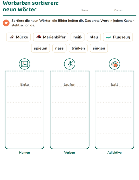Vorschau: Wortarten-Arbeitsblatt mit Dinge die fliegen für 2. Klasse