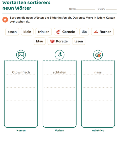 Vorschau: Wortarten-Arbeitsblatt mit Meeresleben für 2. Klasse