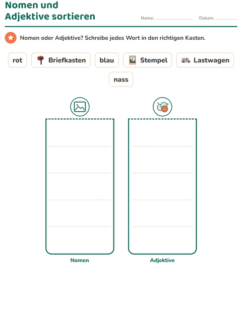 Vorschau: Wortarten-Arbeitsblatt mit Postamt für 1. Klasse