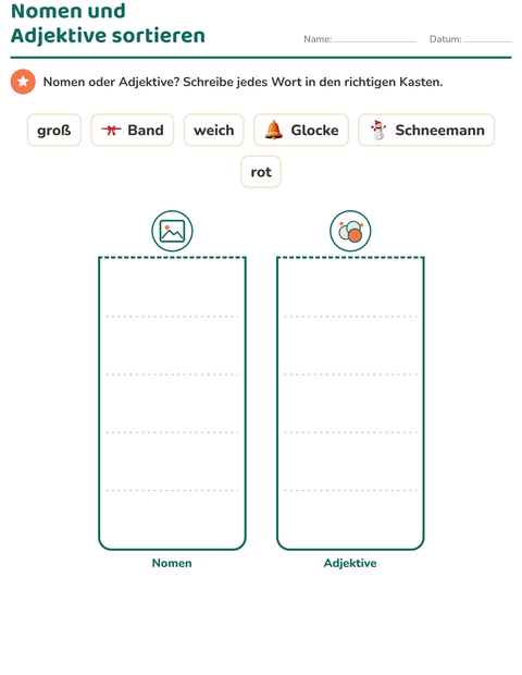 Vorschau: Wortarten-Arbeitsblatt mit Weihnachten für 1. Klasse