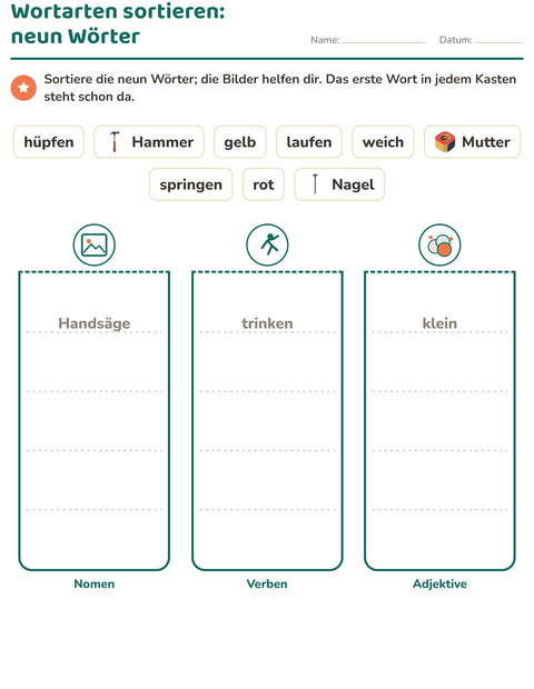 Vorschau: Wortarten-Arbeitsblatt mit Werkzeuge für 2. Klasse