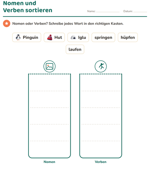 Vorschau: Wortarten-Arbeitsblatt mit Winter für 1. Klasse